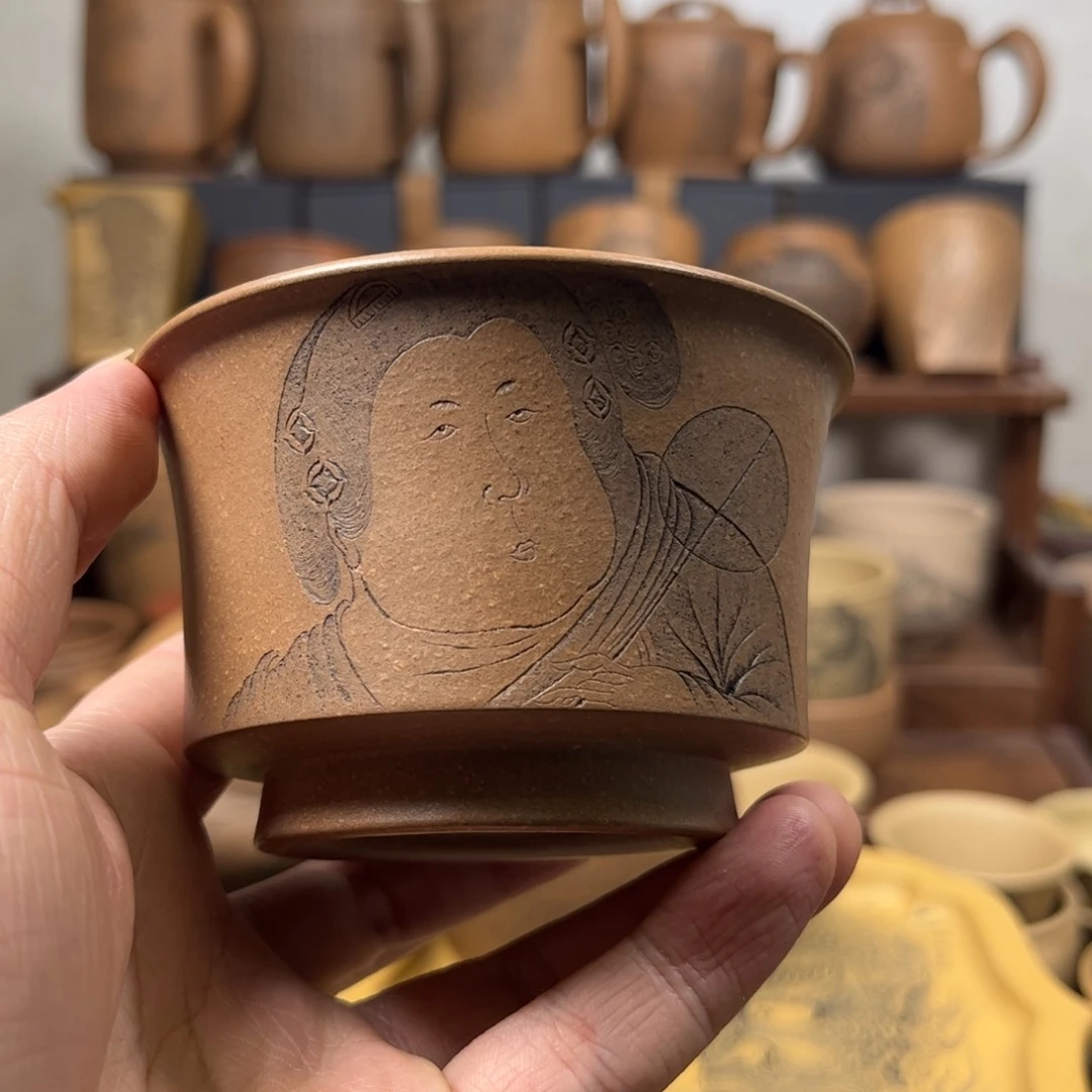 紫砂杯子?***微瑕疵无锦盒仕女图刻绘紫砂主人杯