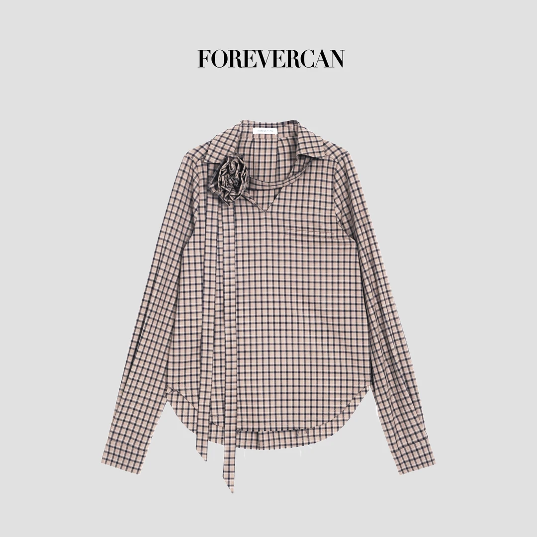 FOREVERCAN“洛神玫瑰”立体手工玫瑰复古格纹大V领衬衫上衣ST22894