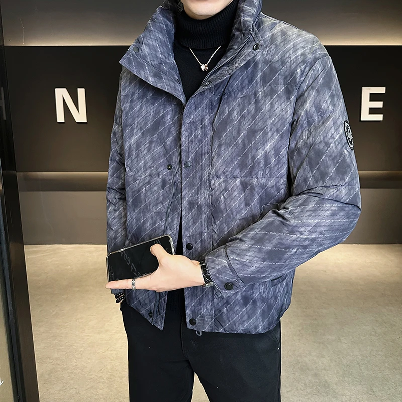 痞帅扎染加厚羽绒服男士2025冬季新款潮流修身短款白鸭绒保暖外套