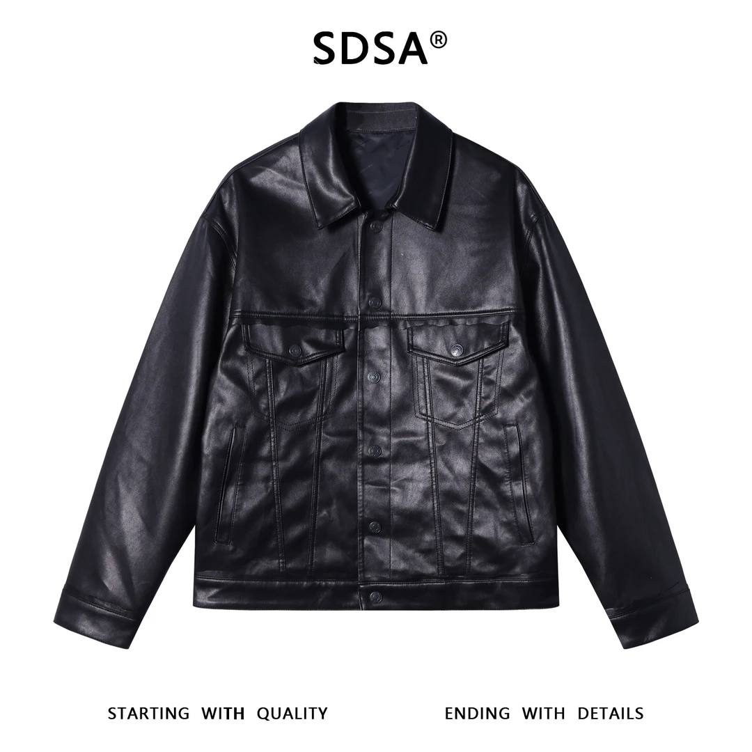 SDSA男士秋冬新款痞帅男装潮牌高街压线纽扣翻领皮衣夹克百搭时尚