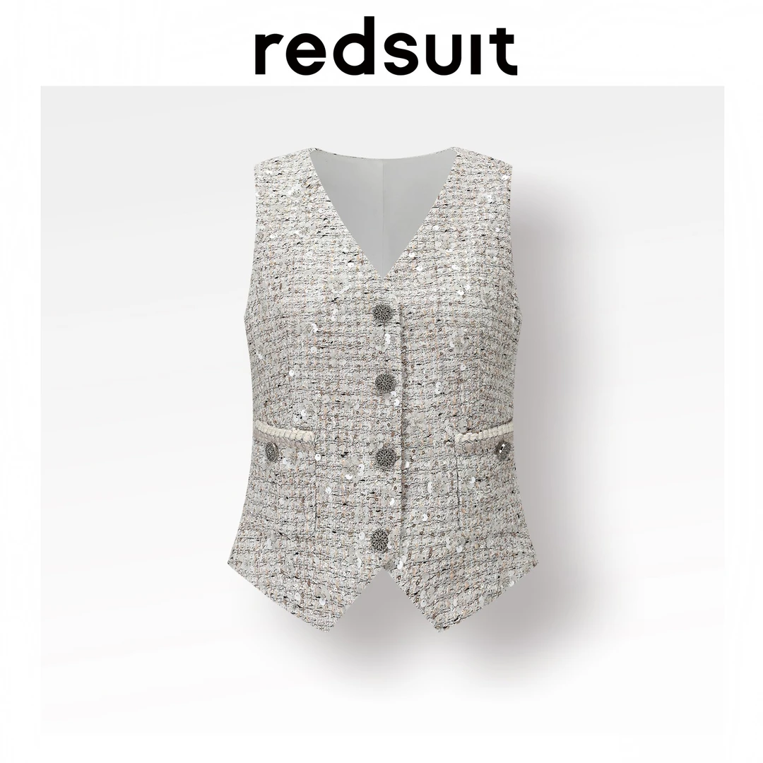 redsuit 摩登范十足！立裁收腰显瘦小香风设计感V领别致马甲上衣