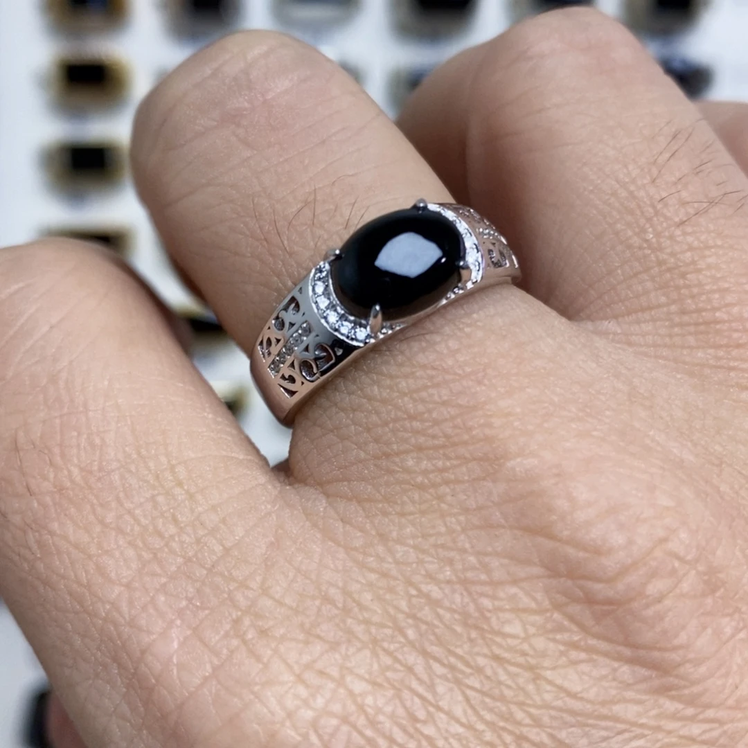 翡翠银S925镶嵌戒指墨翠戒指