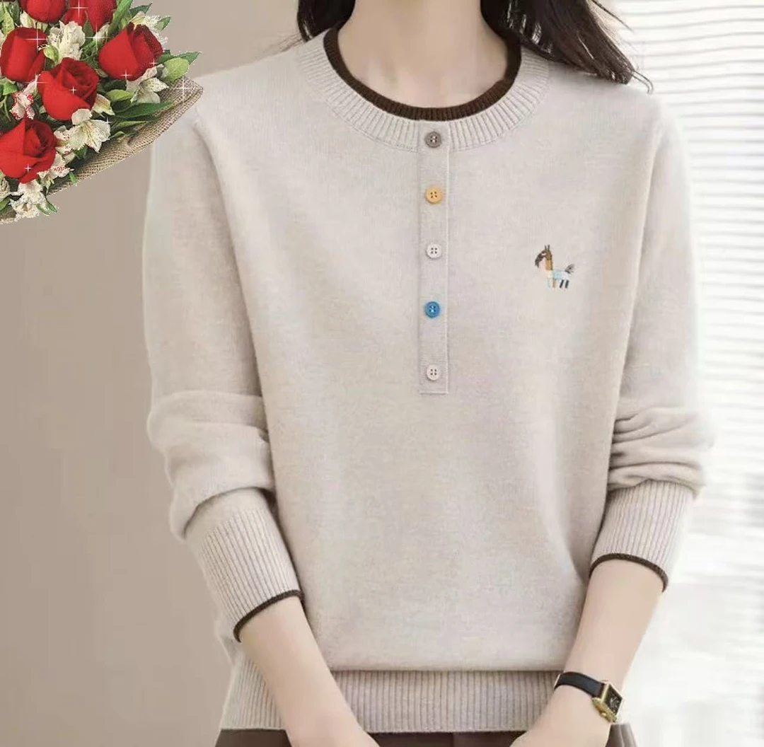 秋冬小码绣标绒衫针织中年女士纯色衫圆领宽松拼色毛衣秋冬