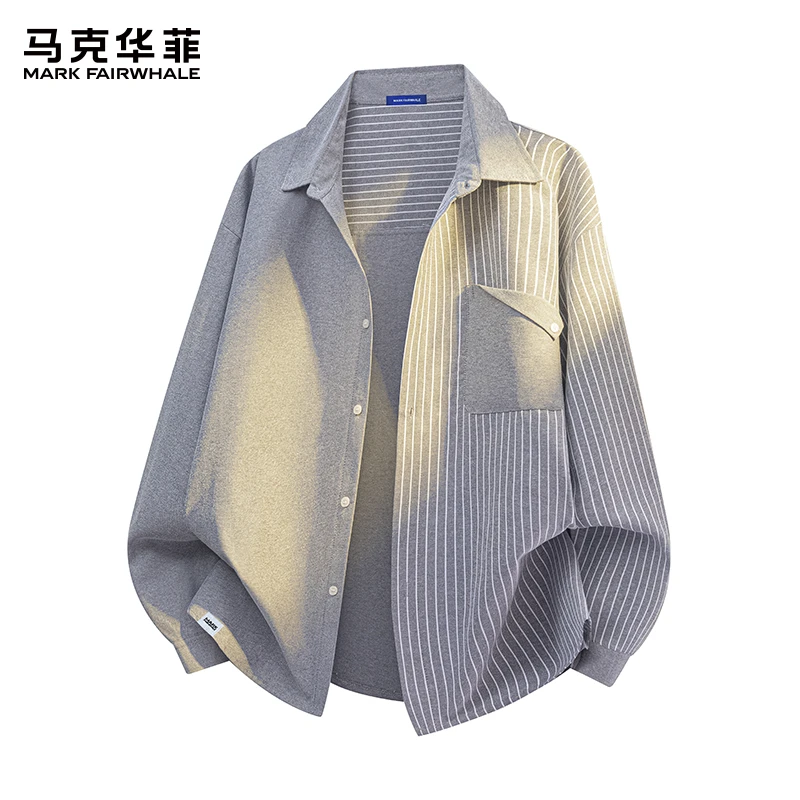 马克华菲美式条纹长袖衬衫男士秋季新款宽松百搭翻领休闲上衣外套