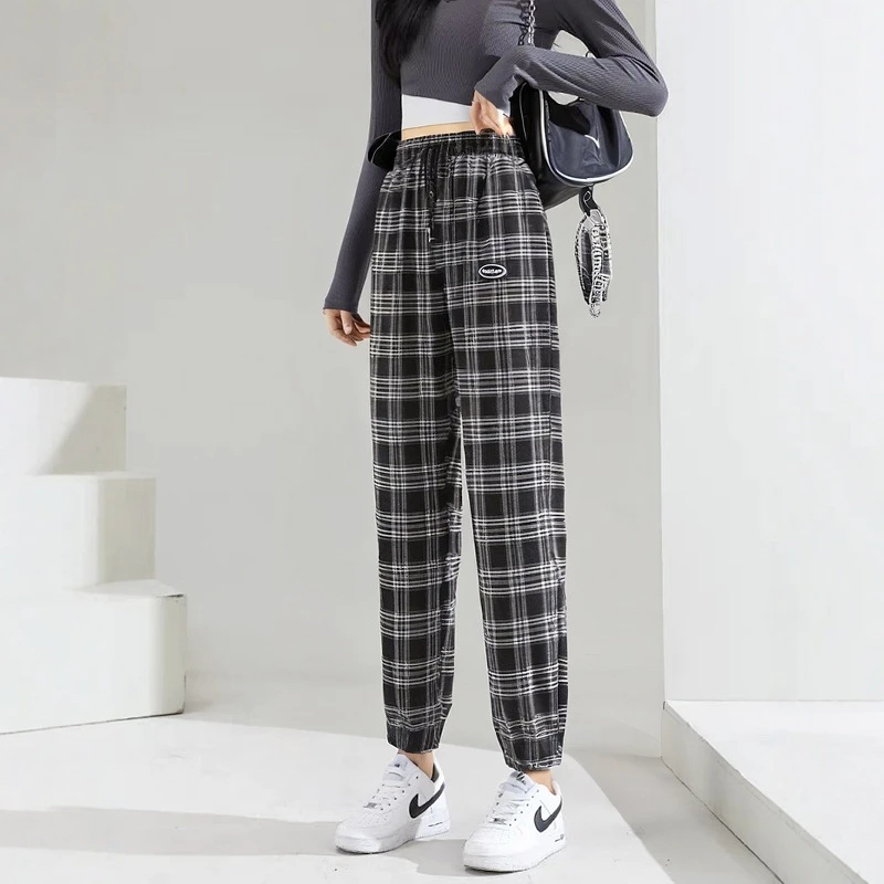 大码女装300斤胖MM休闲百搭黑白格宽松加绒束脚裤62669