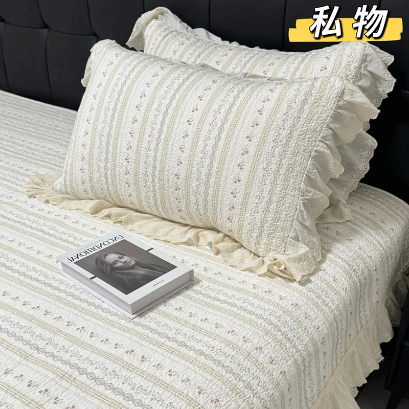 赫本纯棉三件套床盖 韩式碎花纯棉床盖全棉夹棉床单花边可机洗