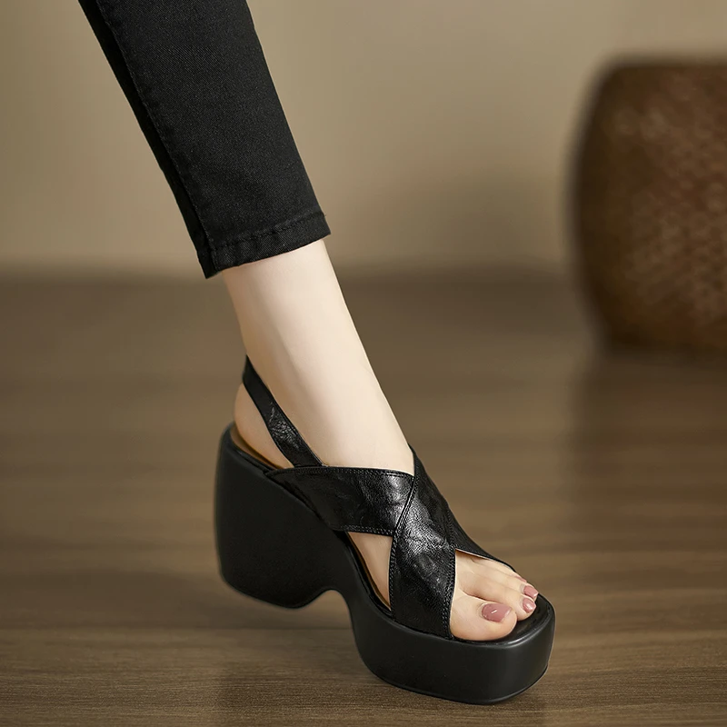 小个子手工女鞋10cm~夏显瘦超高跟厚底交叉带露趾罗马凉鞋坡跟鞋