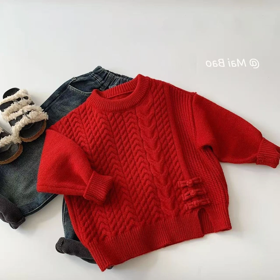 儿童新中式毛衣冬季新款男女童拜年服新年加厚套头针织衫过年服