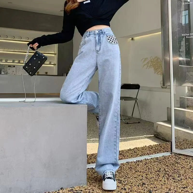 复古水洗牛仔裤女2025春季新款宽松显瘦百搭直筒长裤（瑕疵慎拍）