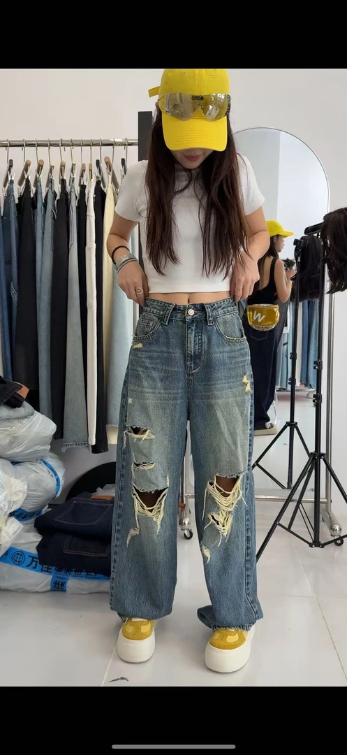 EZ8975-美式复古大破洞新款宽松显瘦慵懒休闲弯刀牛仔裤