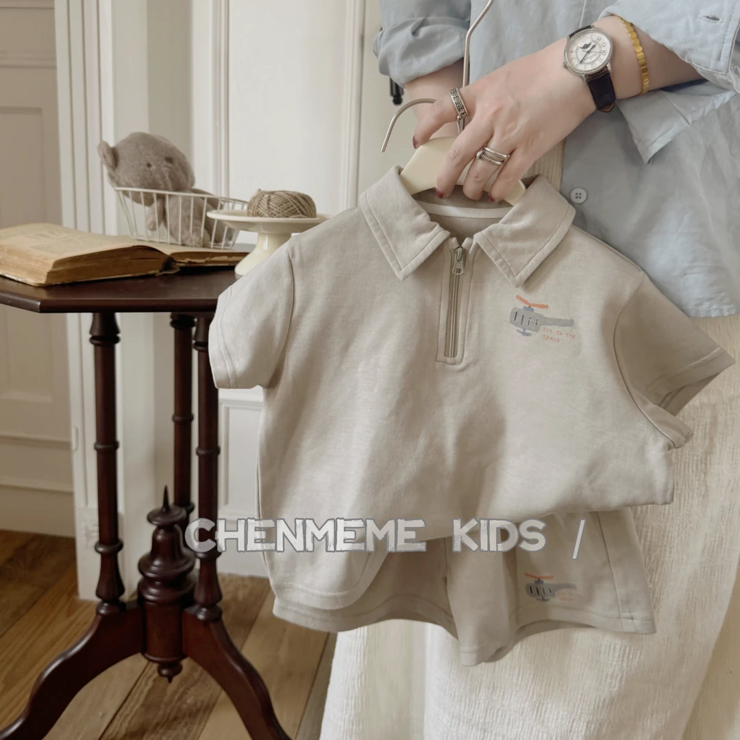 男小童女童夏季套装韩系简约儿童春夏纯色polo翻领短袖中裤两件套