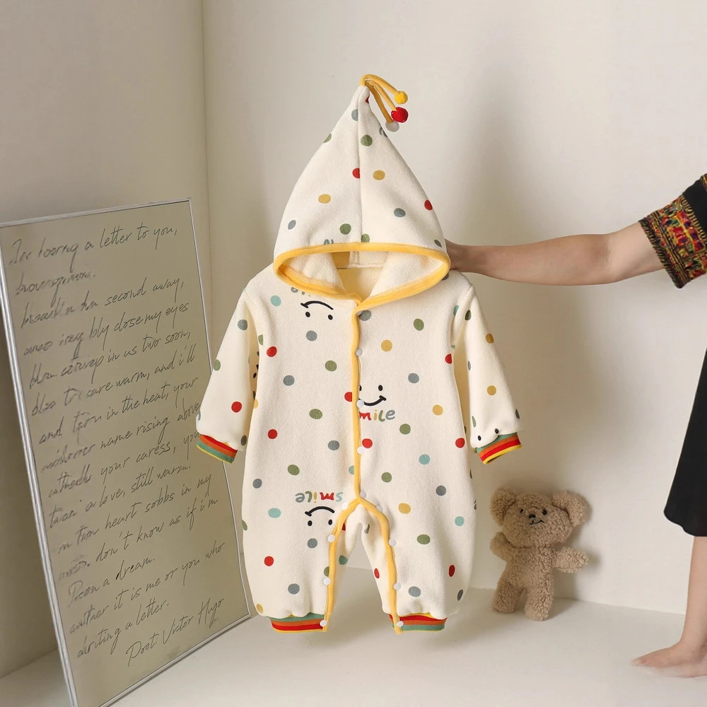 婴儿秋冬连体衣可爱笑脸双面奥粒绒爬服网红拍照宝宝保暖外出服