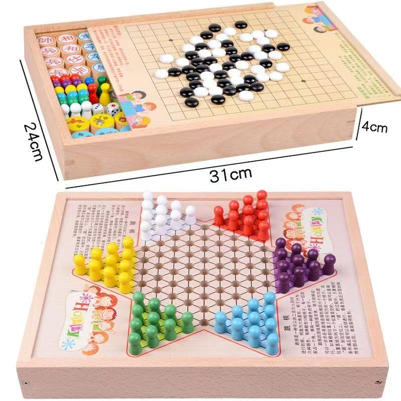 多功能四合一木制游戏棋含五子棋飞行棋象棋蛇棋益智玩具