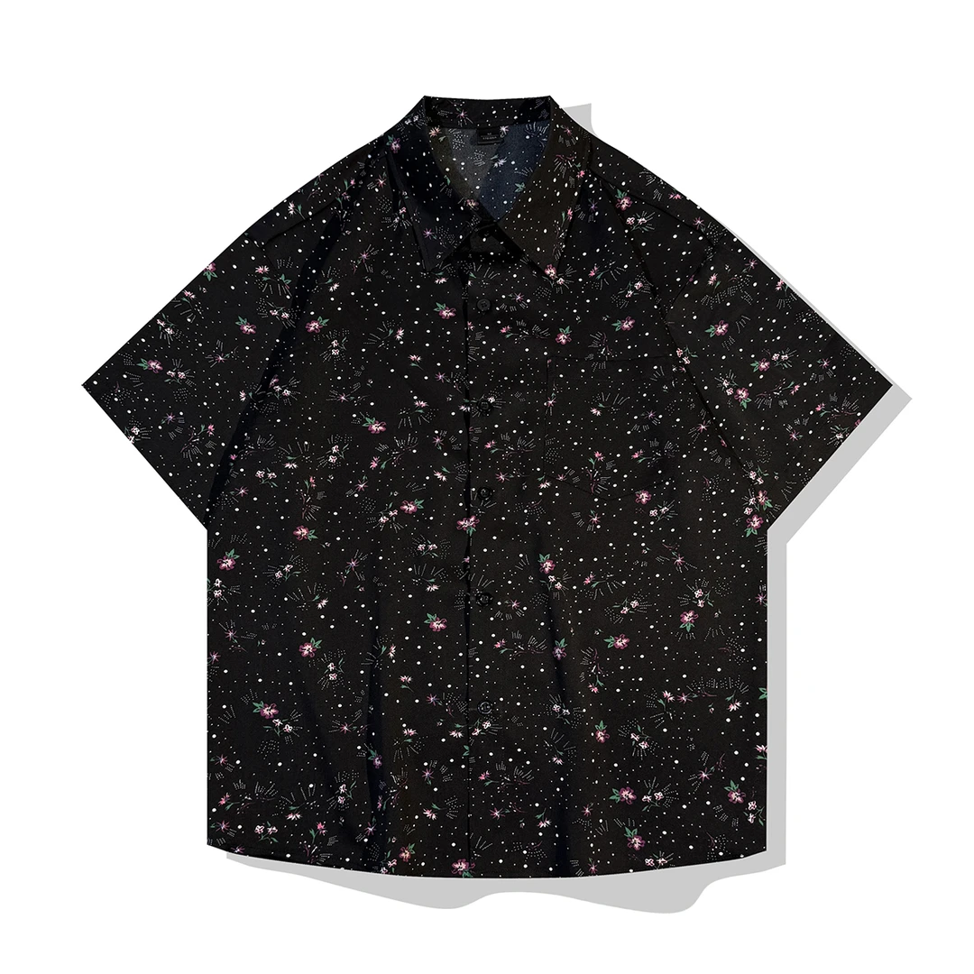 夏季冰丝垂感印花衬衫男港风复古宽松短袖国潮提花痞帅透气衬衣