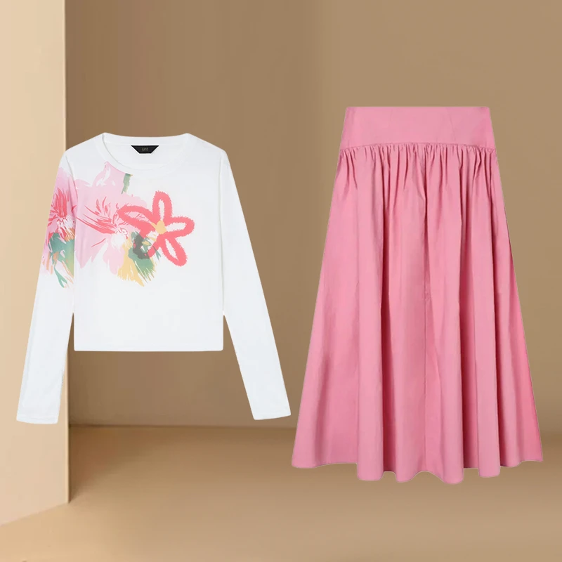 独特超好看花朵长袖防晒罩衫圆领上衣2025夏季宽边腰头半身裙套装