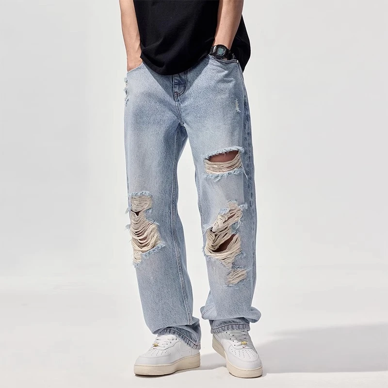 Cebrodz2025春夏新款男宽松美式潮流高街潮牌直筒阔腿破洞牛仔裤