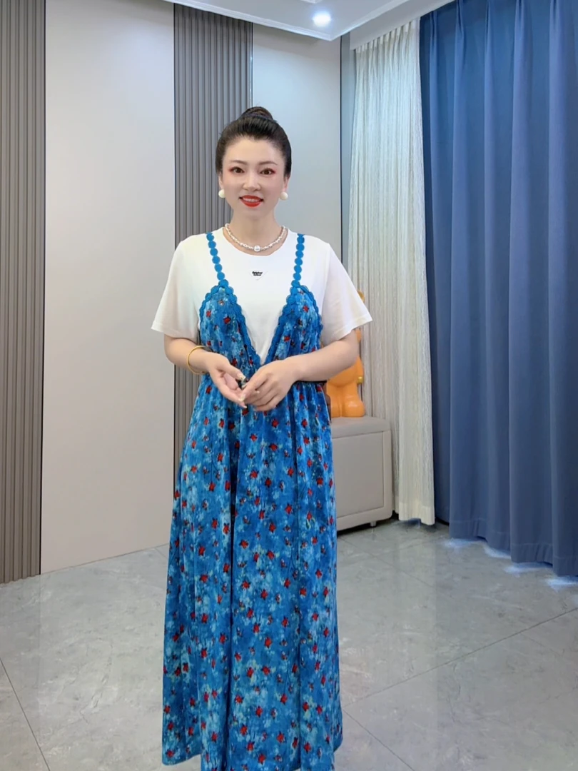 设计感法式拼接碎花裙子夏装通勤假两件遮肉显瘦大码连衣裙