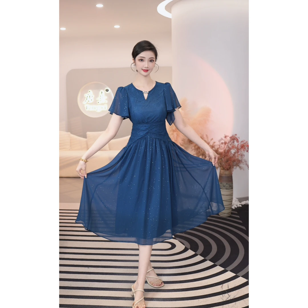 唐熹2025夏季新款【QQ-X1058】蓝色圆领收腰气质高贵优雅时尚连衣裙
