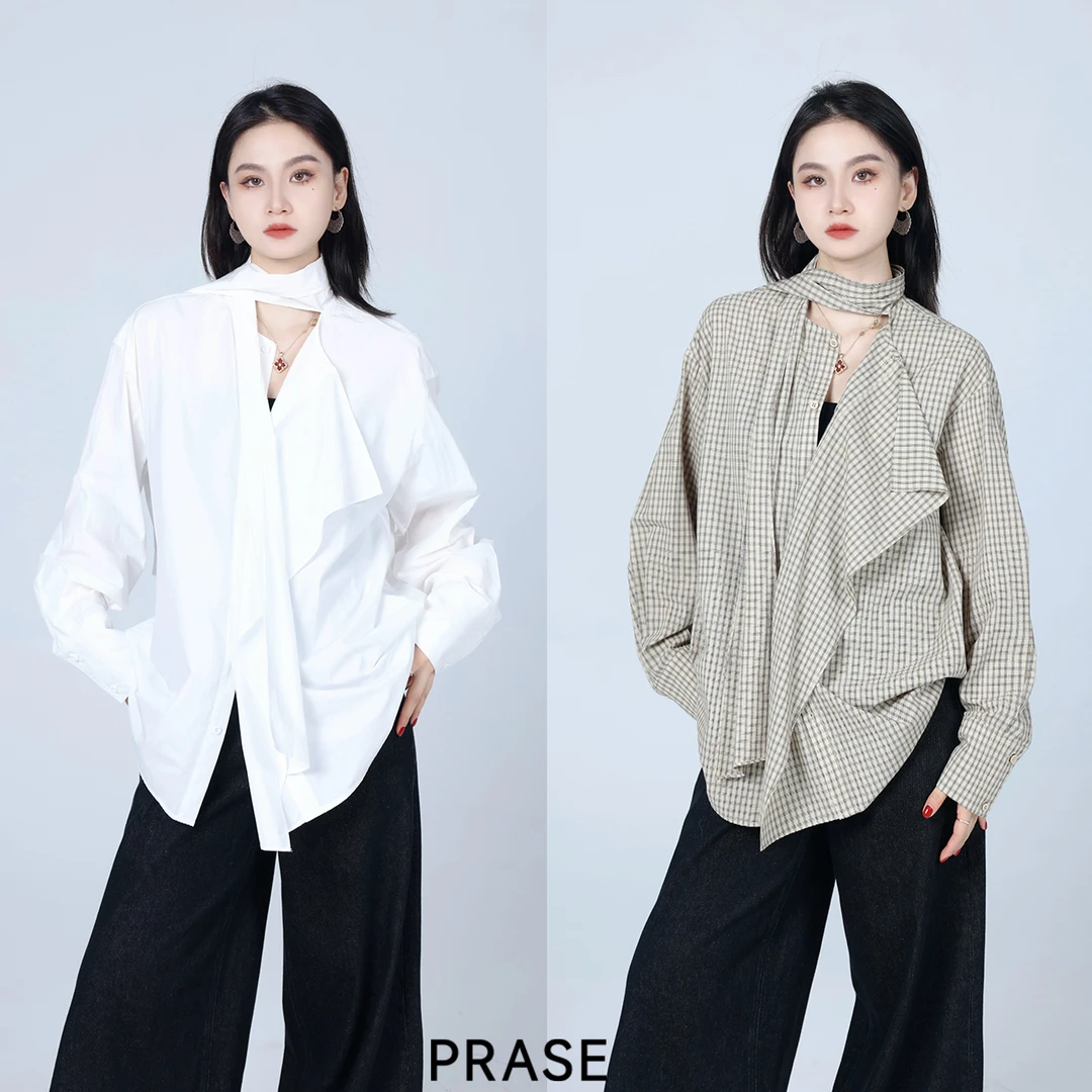 PRASE·噜【轻格日记】100棉微胖轻奢设计款秋飘带格纹衬衫PR507B26