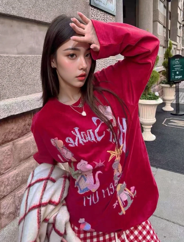 【搞怪蛇】卡通圆领时尚设计感小蛇彩绘长袖宽松T恤.Y701