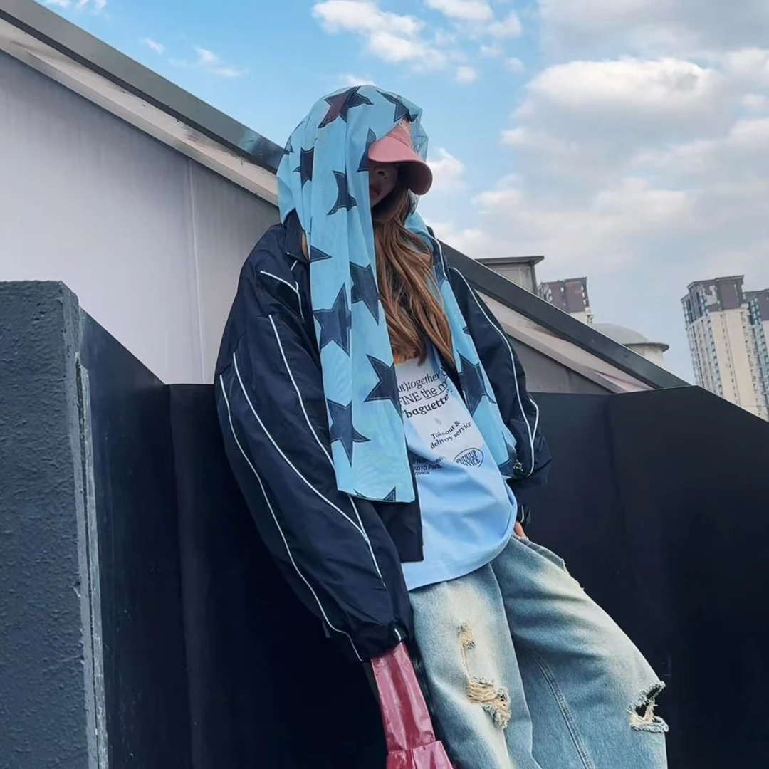 层次拼接星星网纱运动夹克