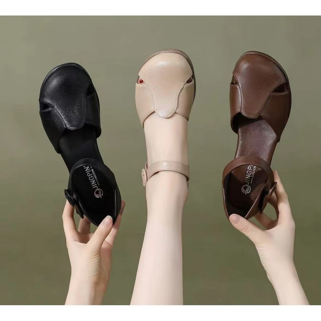 新款百搭气质中跟前后包时尚小皮鞋爆款百搭软底软皮温柔风休闲