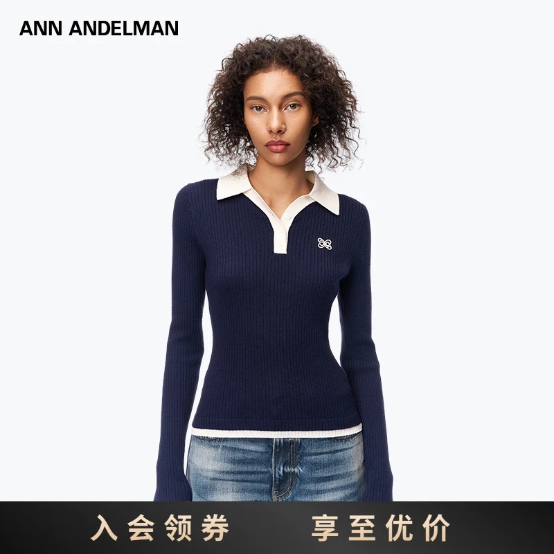ANN ANDELMAN长袖POLO领罗纹拼色毛织