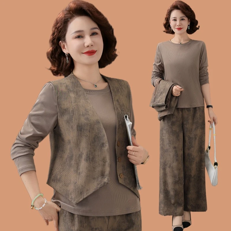 气质妈妈春装套装马甲三件套洋气2025新款中老年女春秋时尚上衣服