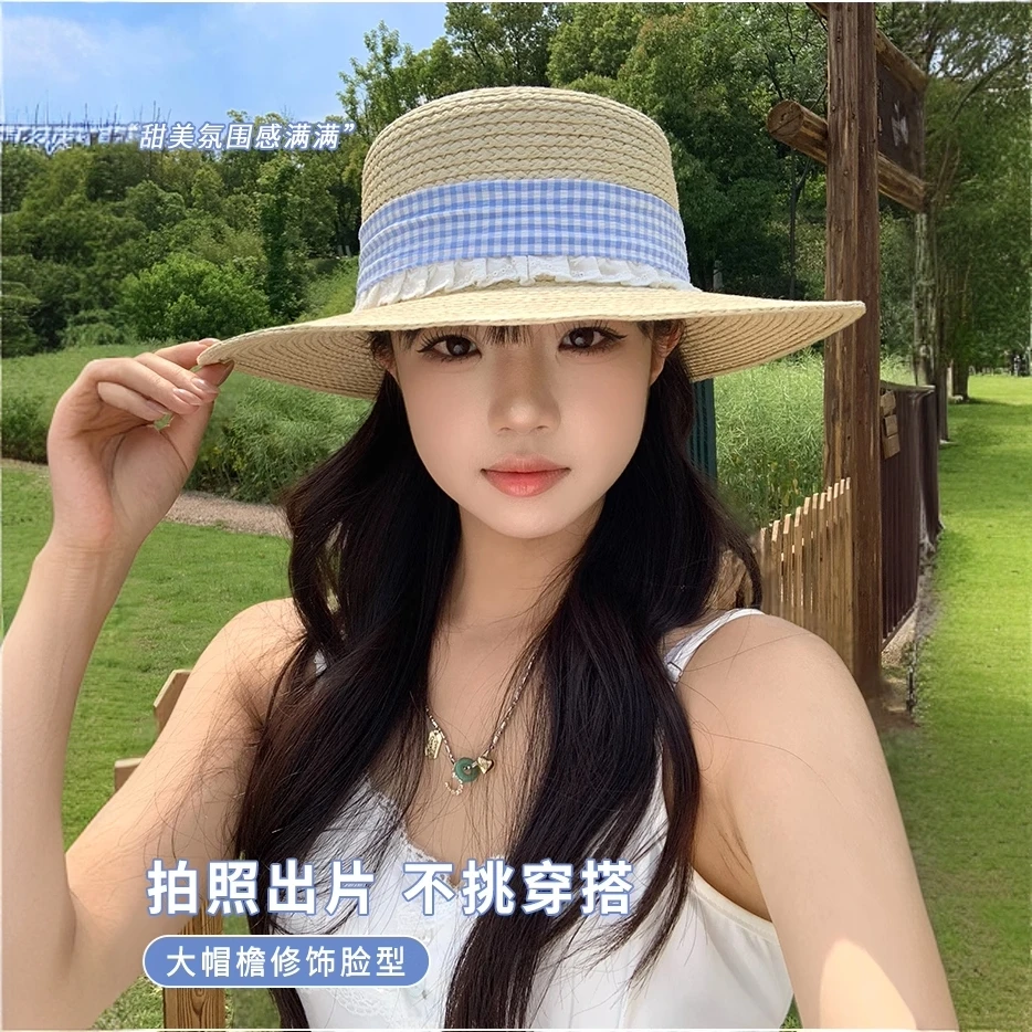 女款夏季防晒帽子夏天洋气草帽平顶小礼帽大童大檐高级遮阳太阳帽