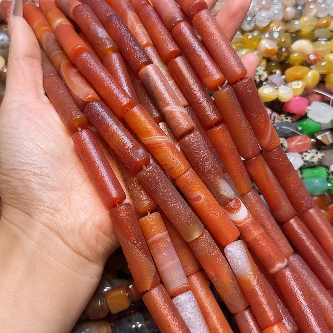 玛瑙/玉髓未镶嵌珠宝半成品橘皮红玛瑙圆管一条