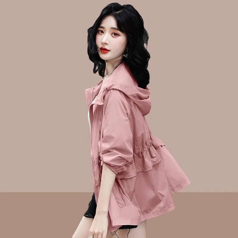 2025年夏季新款时尚大码防晒衣女宽松防晒服轻薄款连帽潮休闲外套