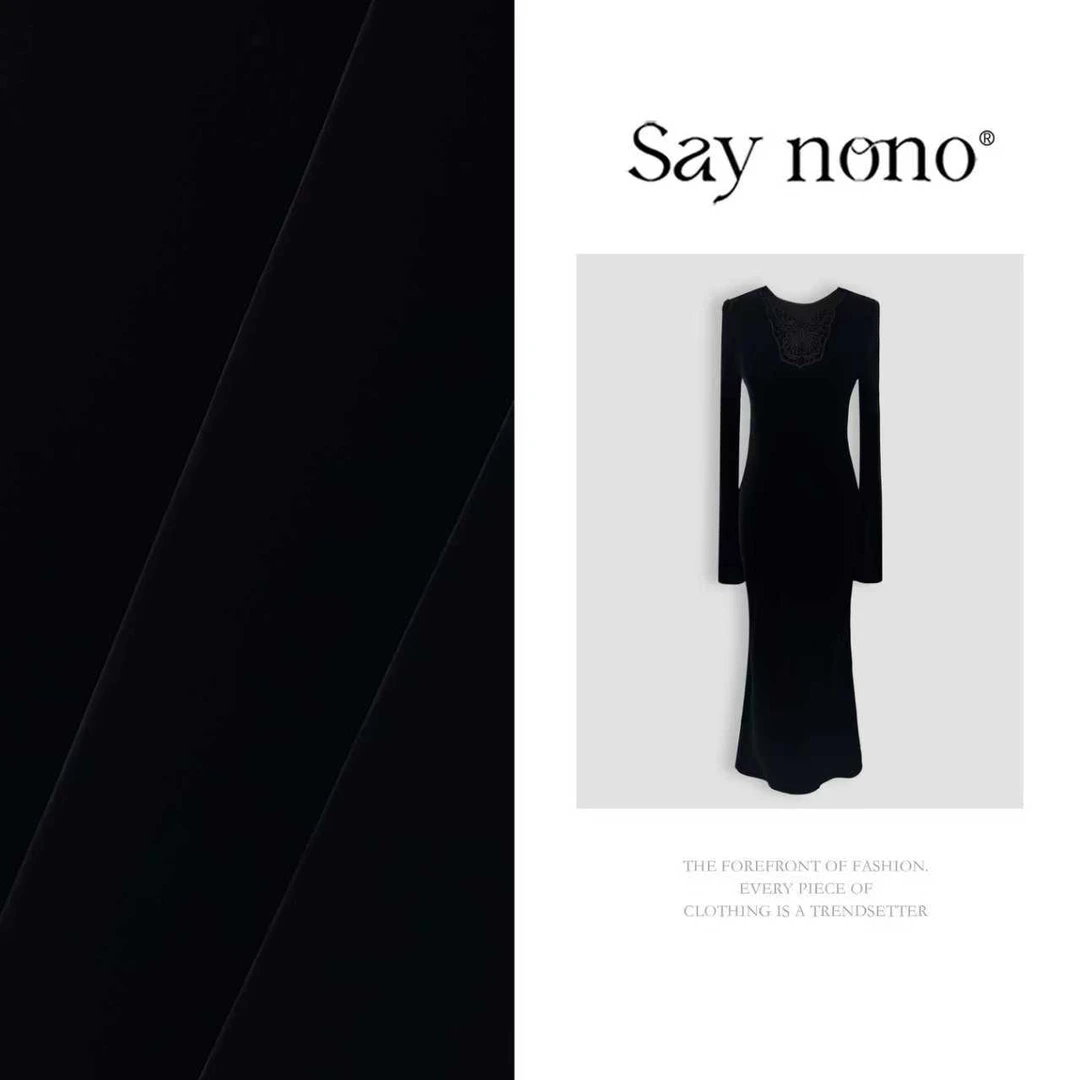 懒猫nono│Saynono 时尚设计感V领镂空桑蚕丝丝绒连衣裙 GS1112YY