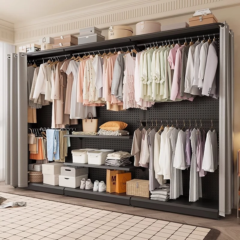 洞洞板简易衣柜卧室家用组装金属衣橱出租房用开放式防尘帘挂衣架