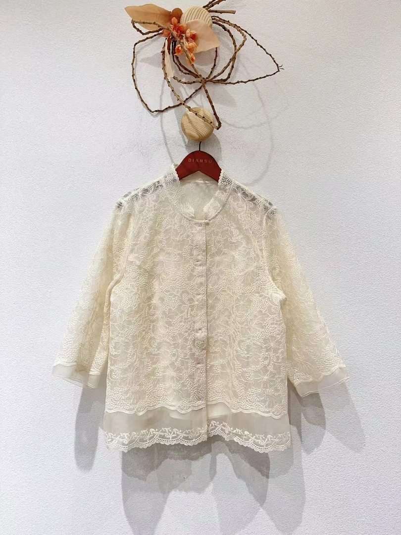 真丝重工满幅刺绣简约中式花边衬衣薄外套配内件B12054