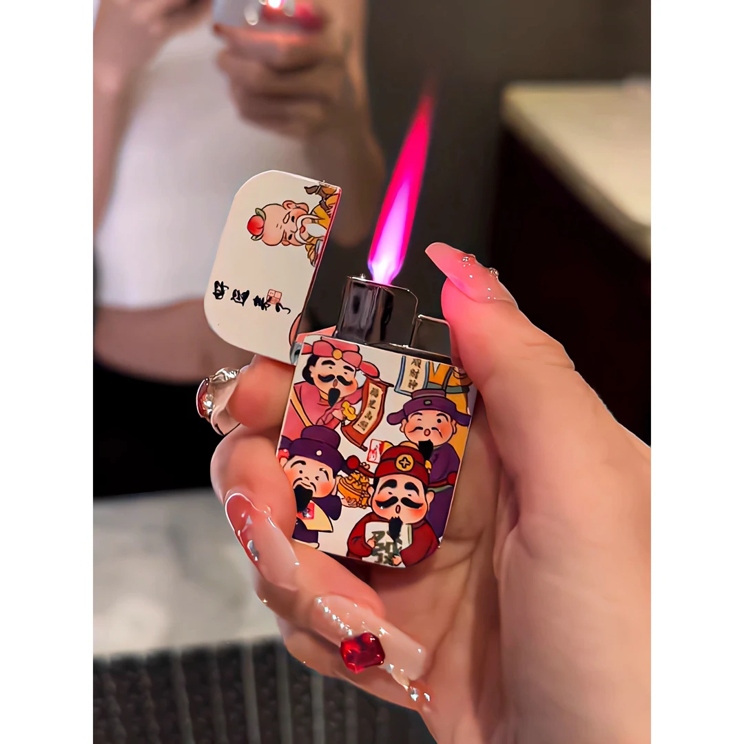 2025新年财神爷发财卡通充气防风金属打火机粉色火焰高颜值送男友