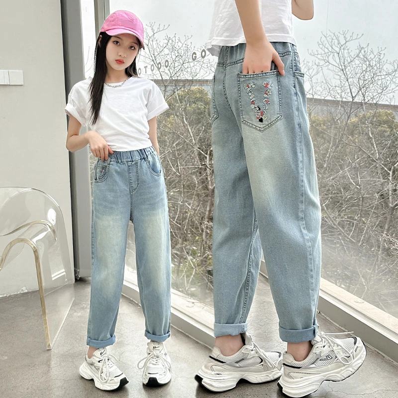 女童裤子夏季牛仔裤薄款中大童外穿2025新款韩版休闲宽松老爹裤