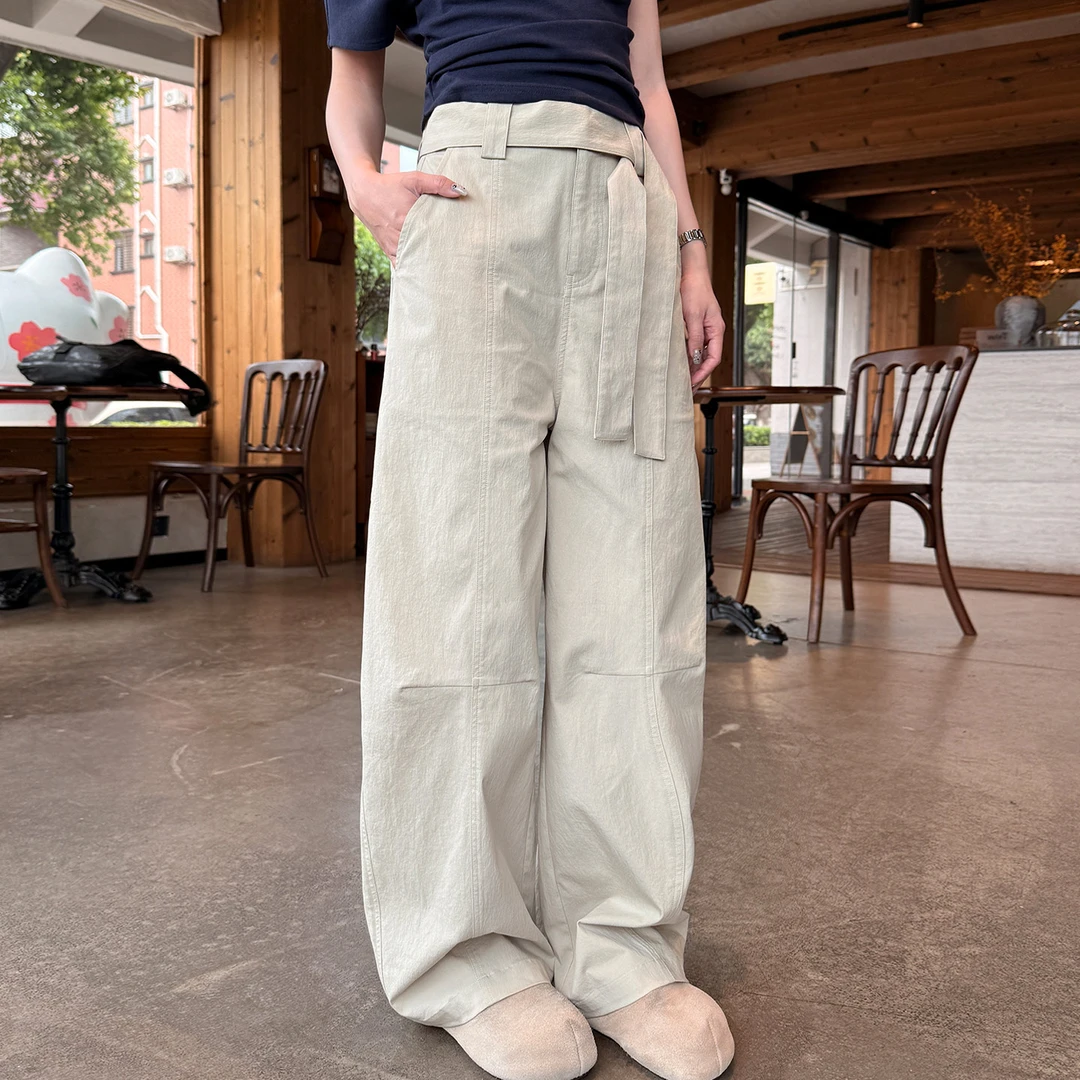 【带腰带】夏季水洗休闲裤女高腰百搭宽松垂感设计感显瘦小弯刀裤