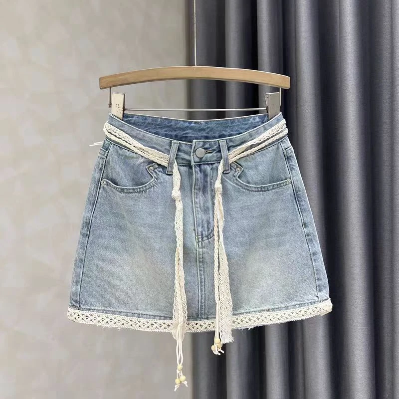 个性编织拼接牛仔半身裙女高腰a字2025夏季新款防走光包臀短裙子