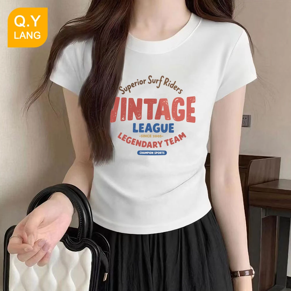 夏季女士纯欲风白色辣妹修身短袖T恤印花圆领高腰弹力t恤短款女