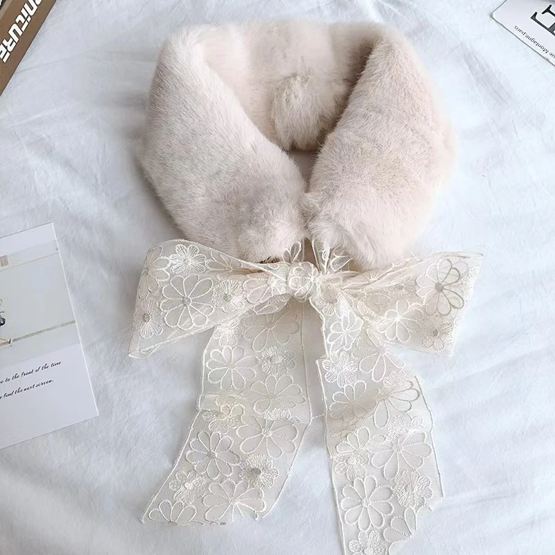 2024秋冬新款仿兔毛毛领围巾加厚保暖蕾丝系带--SSFLP236