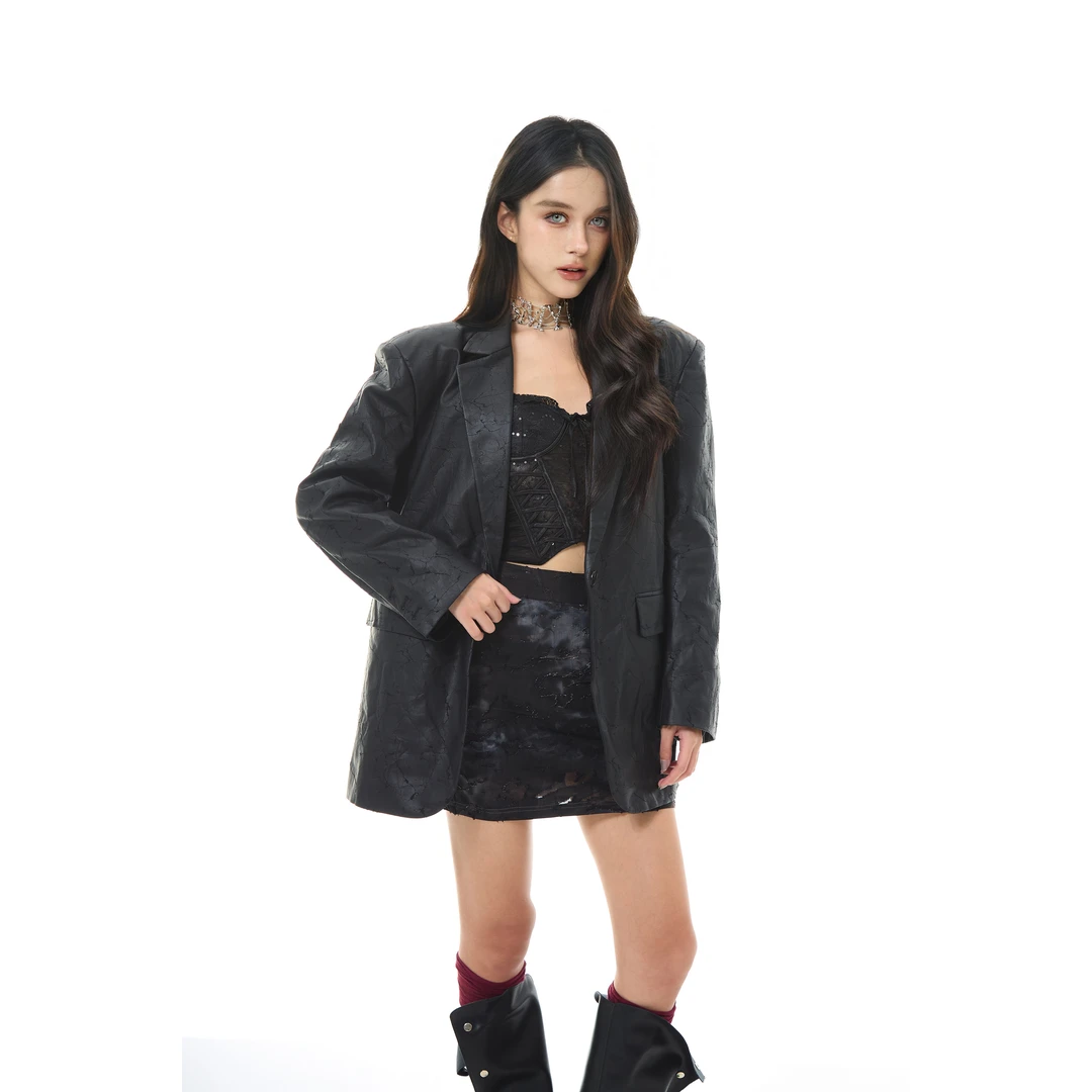 BullyOrange别欺负桔子 复古做旧裂纹西装皮衣外套女设计感皮夹克