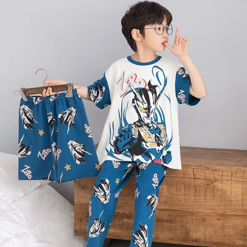 伊束姿三件套男童睡衣2025新款夏季纯棉薄款儿童男孩中大童家居服