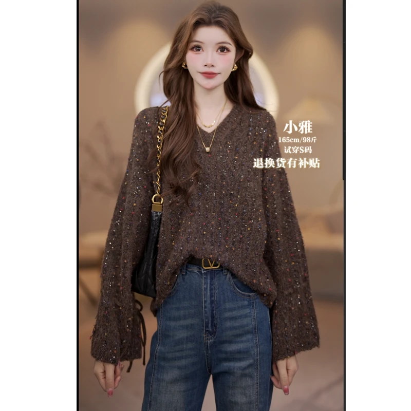 马克华菲女装秋季V领复古彩色点点休闲简约圆领时尚百搭针织衫 X