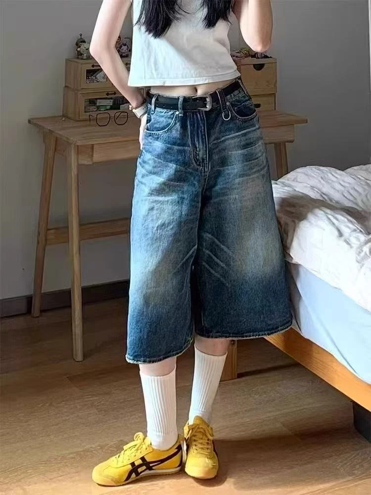 美式复古宽松廓形水洗做旧七分牛仔短裤女夏季高街设计感阔腿中裤