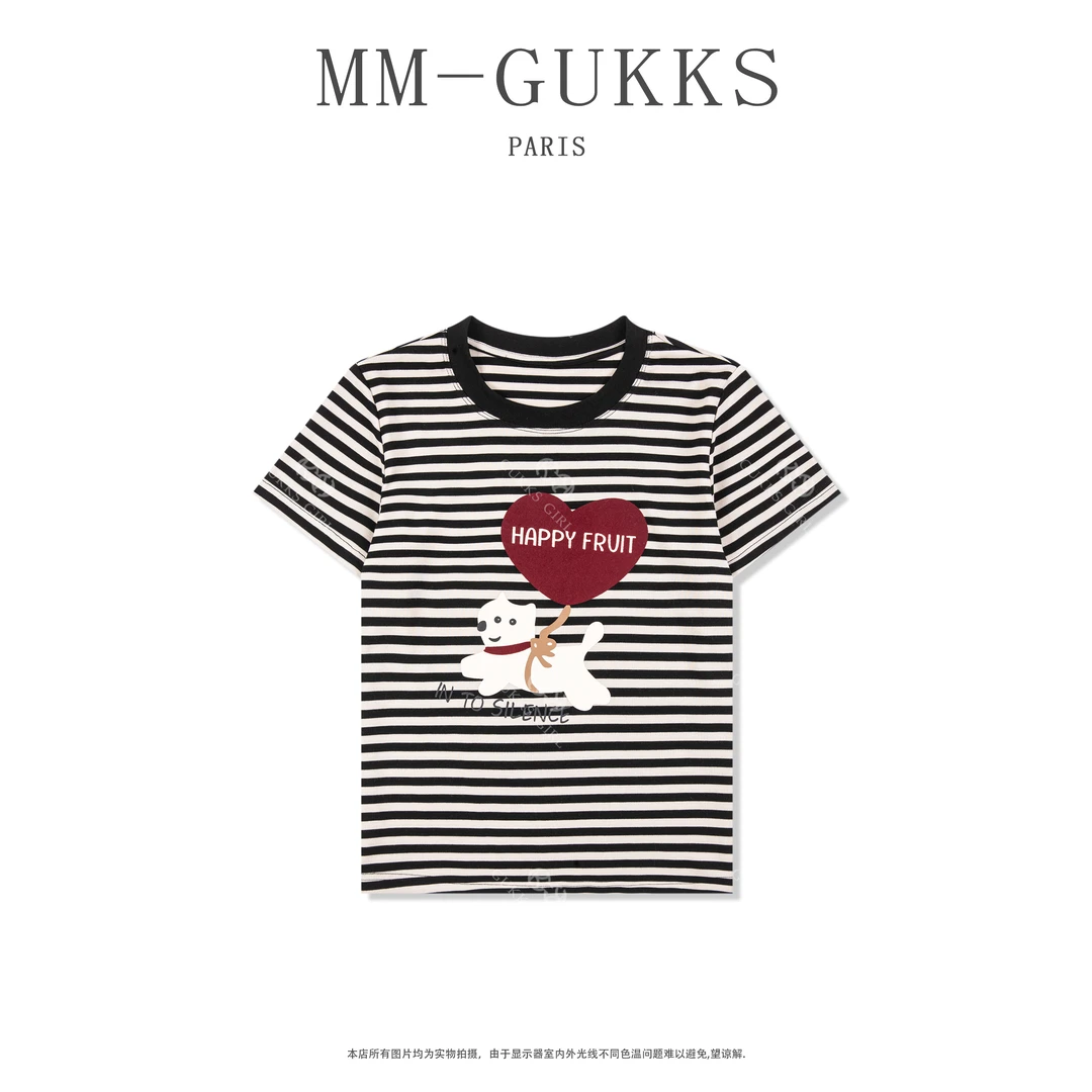 明明GUKKS『旺旺队长』2025夏季设计感小狗印花条纹正肩袖T恤上衣女