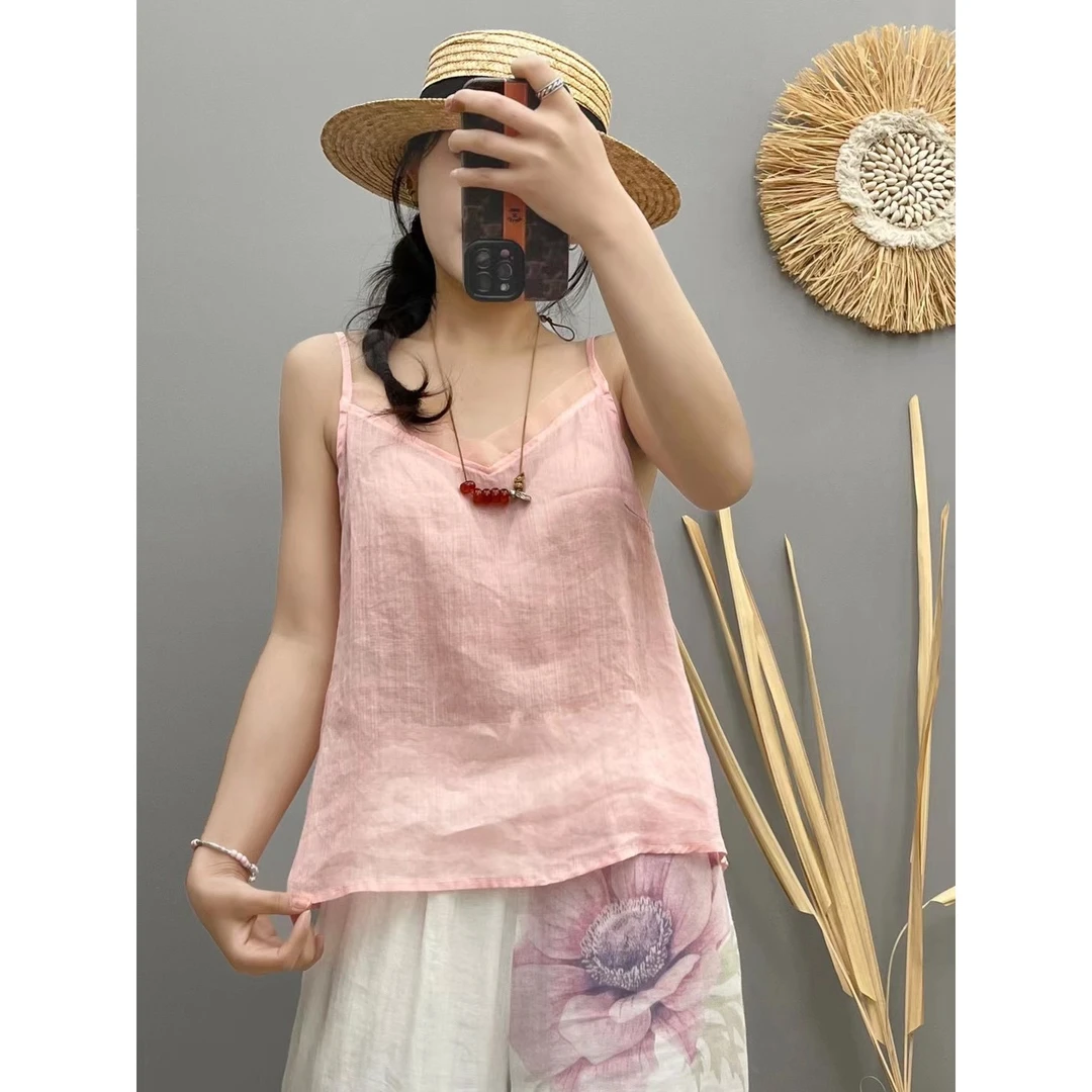 复古苎麻内里包边V领吊带背心女夏新款文艺大码显瘦打底衫