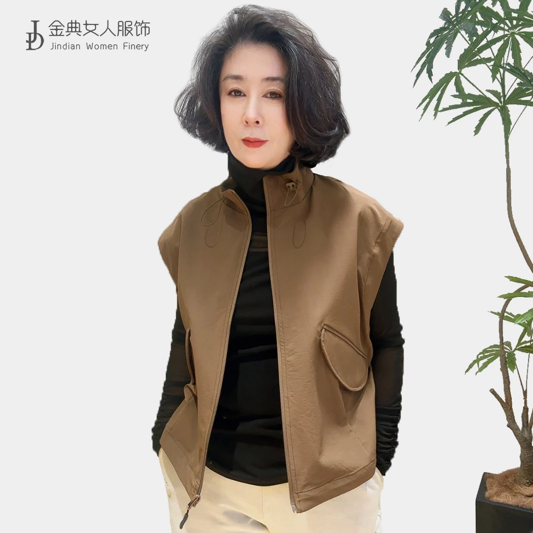 欧货百搭休闲立领抽绳拉链款无袖马甲-无里衬  时尚女士马夹5666