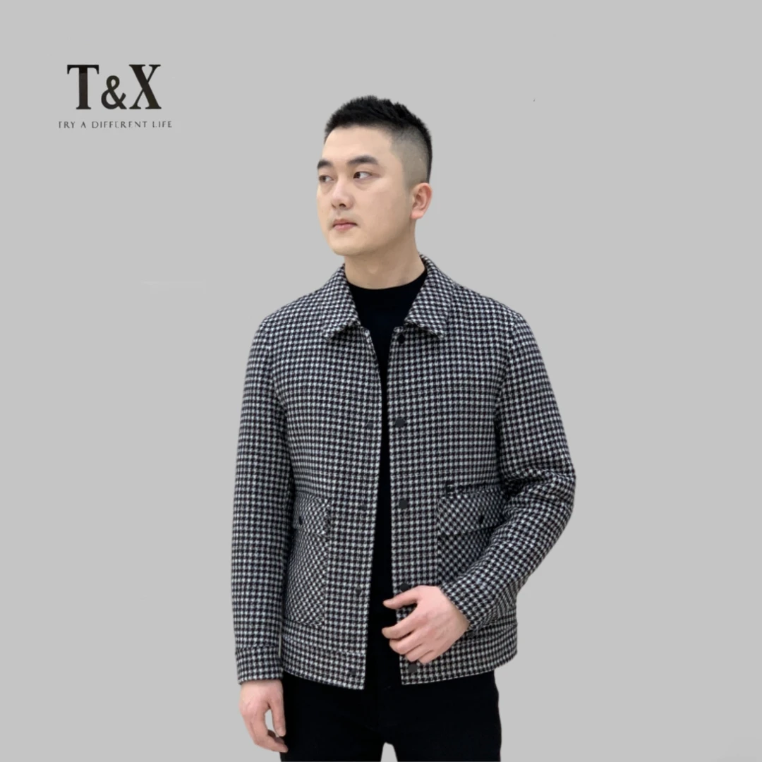 凡瓦男士秋冬款休闲商务时尚翻领千鸟格短款羊毛夹克外套（0134）