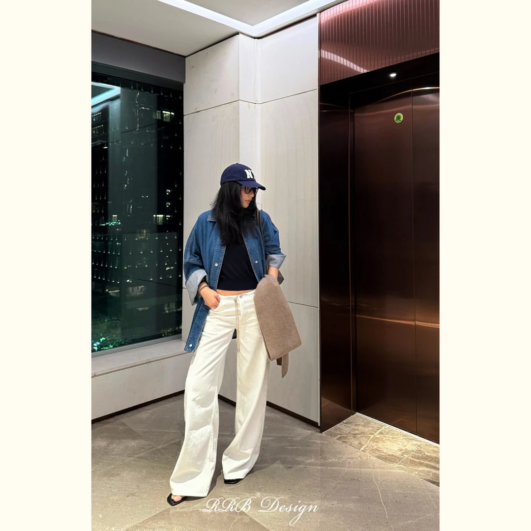 RRB Design「达妹同款」再生环保牛仔显瘦微喇抽绳纯色百搭牛仔裤