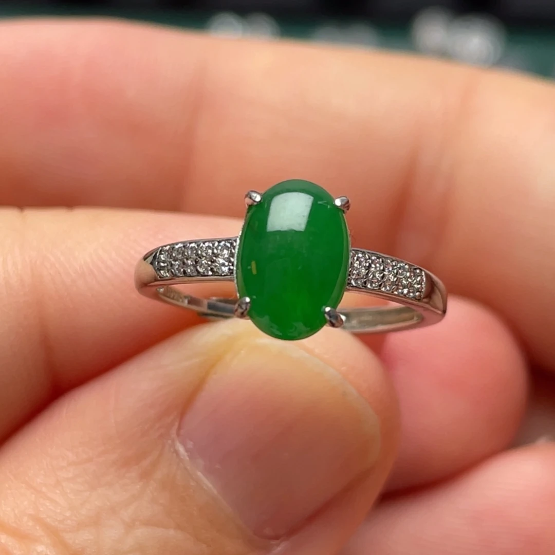 翡翠戒指银S925镶嵌纯天然缅甸翡翠